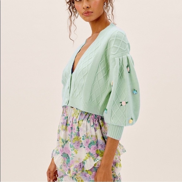 FLL Sweater Sutton Cardigan Cropped Sequin Floral Knit Puff-Sleeve Mint M NWT - Picture 8 of 9